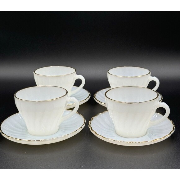 Vintage Fire King White Swirl Gold Trim  Coffee Cups and Saucers Set of 4 Winter - Picture 1 of 12
